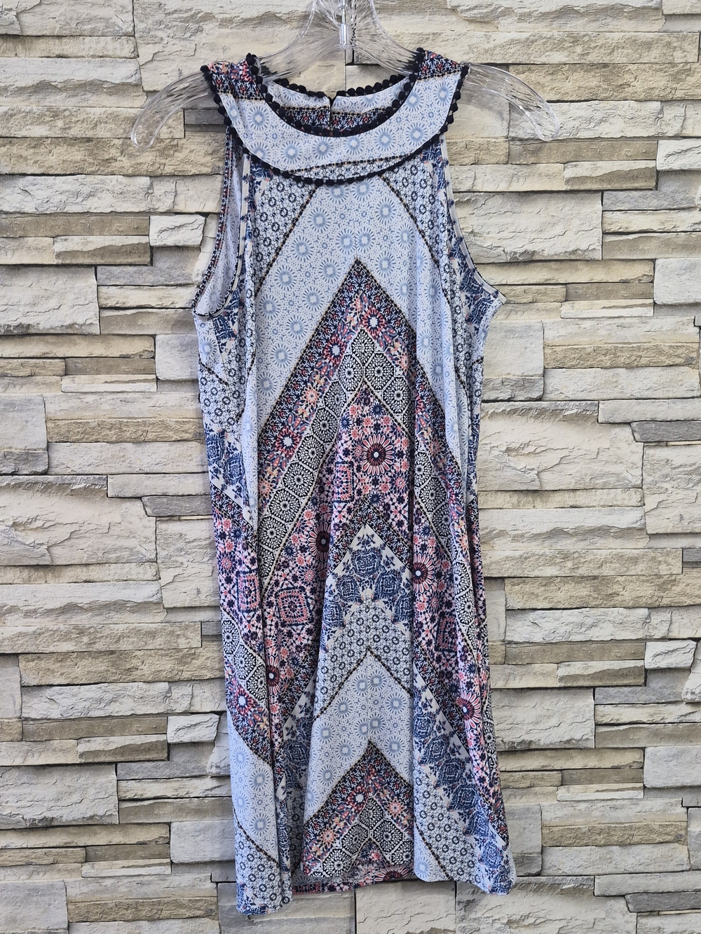 Three Pink Hearts Geometric Boho Halter Dress Size Medium Blue Multi Summer